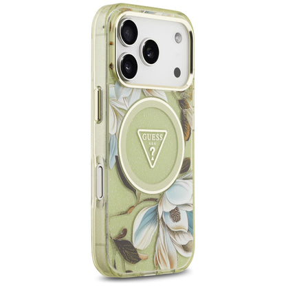 MagSafe futrola za Apple iPhone 18 Pro / 17 Pro, Guess, IML Metal Glitter Flowers Triangle, Zelena