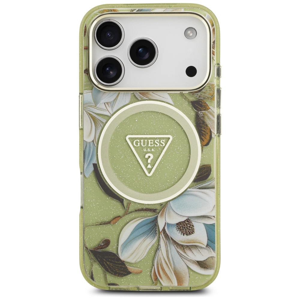 MagSafe futrola za Apple iPhone 18 Pro / 17 Pro, Guess, IML Metal Glitter Flowers Triangle, Zelena