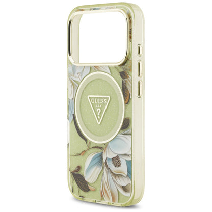 MagSafe futrola za Apple iPhone 18 Pro / 17 Pro, Guess, IML Metal Glitter Flowers Triangle, Zelena