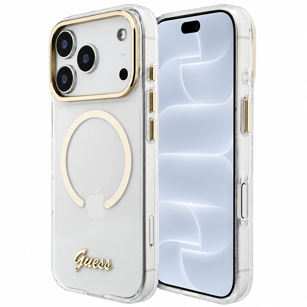 MagSafe maska za Apple iPhone 18 Pro / 17 Pro, Guess, IML Script Metal, providna