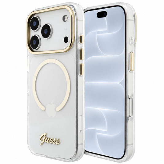 MagSafe maska za Apple iPhone 18 Pro / 17 Pro, Guess, IML Script Metal, providna