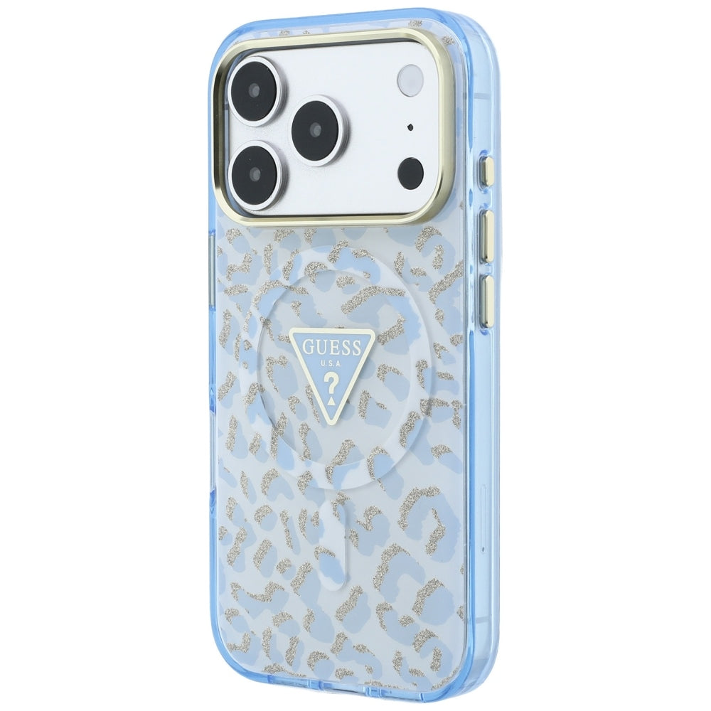 MagSafe futrola za Apple iPhone 18 Pro / 17 Pro, Guess, Leopard Glitter Triangle Logo, Plava