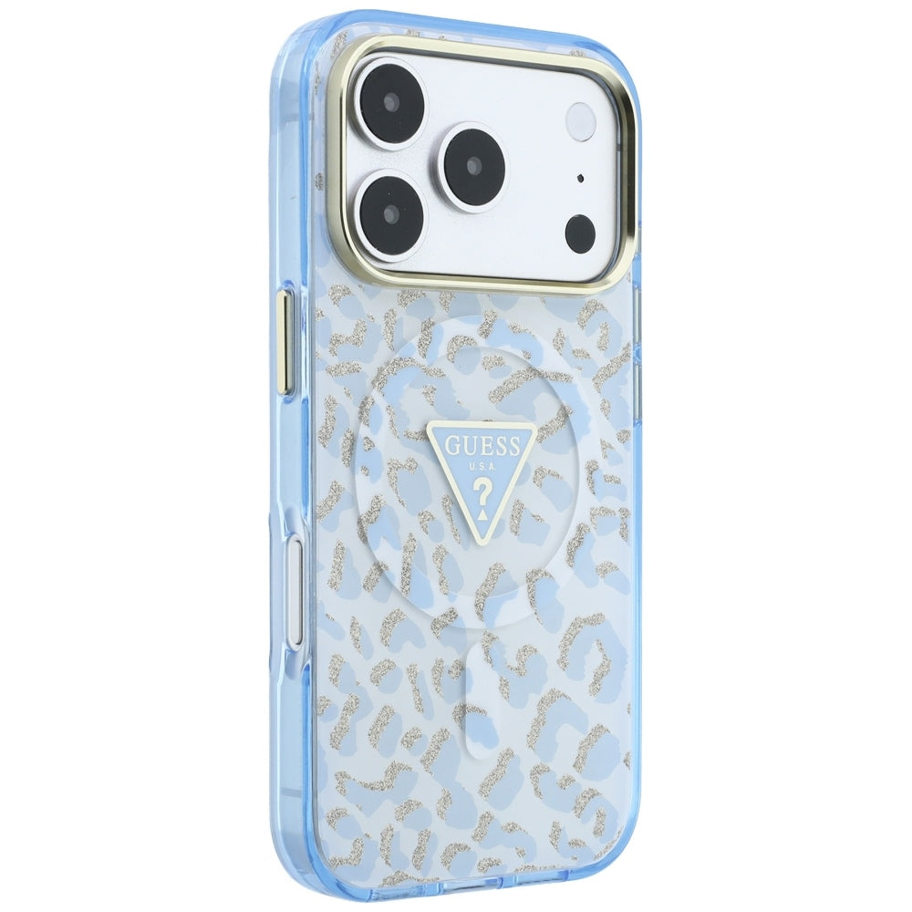 MagSafe futrola za Apple iPhone 18 Pro / 17 Pro, Guess, Leopard Glitter Triangle Logo, Plava