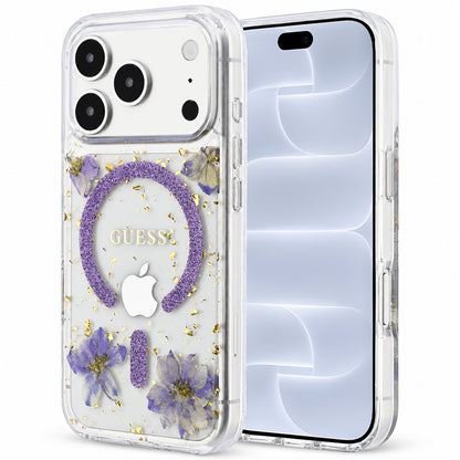 MagSafe futrola za Apple iPhone 18 Pro / 17 Pro, Guess, Smolasti cvetovi i šljokice, Ljubičasta