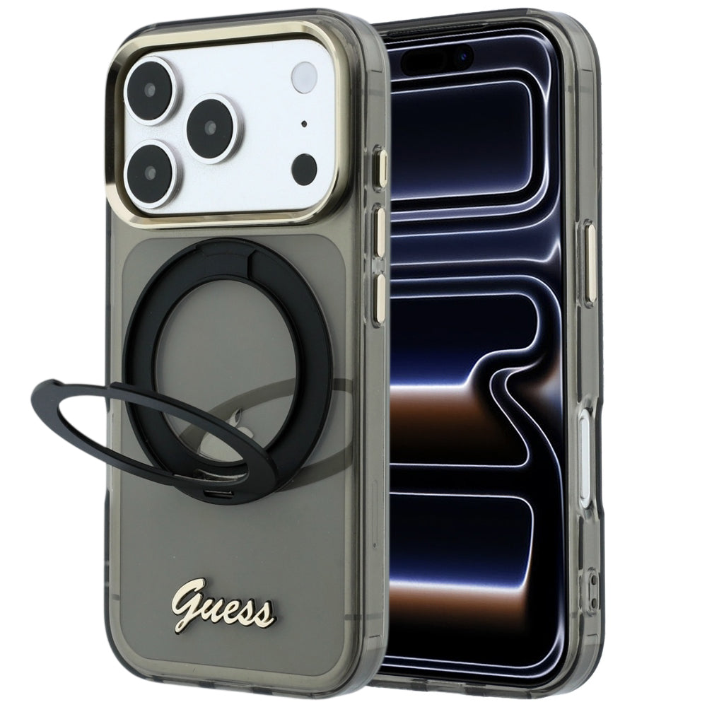 MagSafe futrola za Apple iPhone 18 Pro / 17 Pro, Guess, Ring Stand Script Metal Logo, Crna