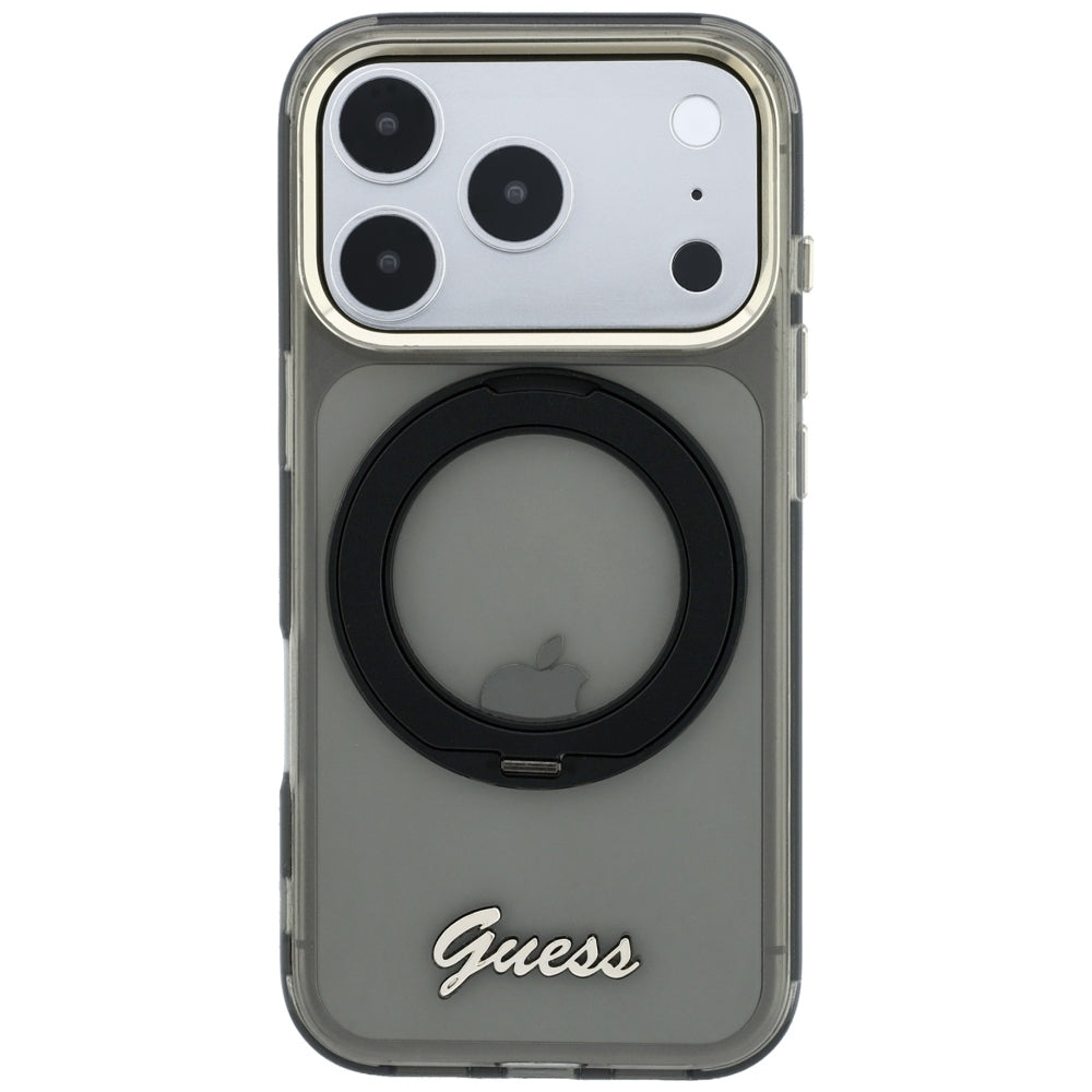 MagSafe futrola za Apple iPhone 18 Pro / 17 Pro, Guess, Ring Stand Script Metal Logo, Crna