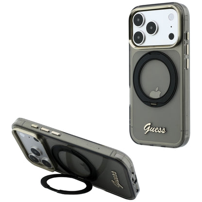 MagSafe futrola za Apple iPhone 18 Pro / 17 Pro, Guess, Ring Stand Script Metal Logo, Crna