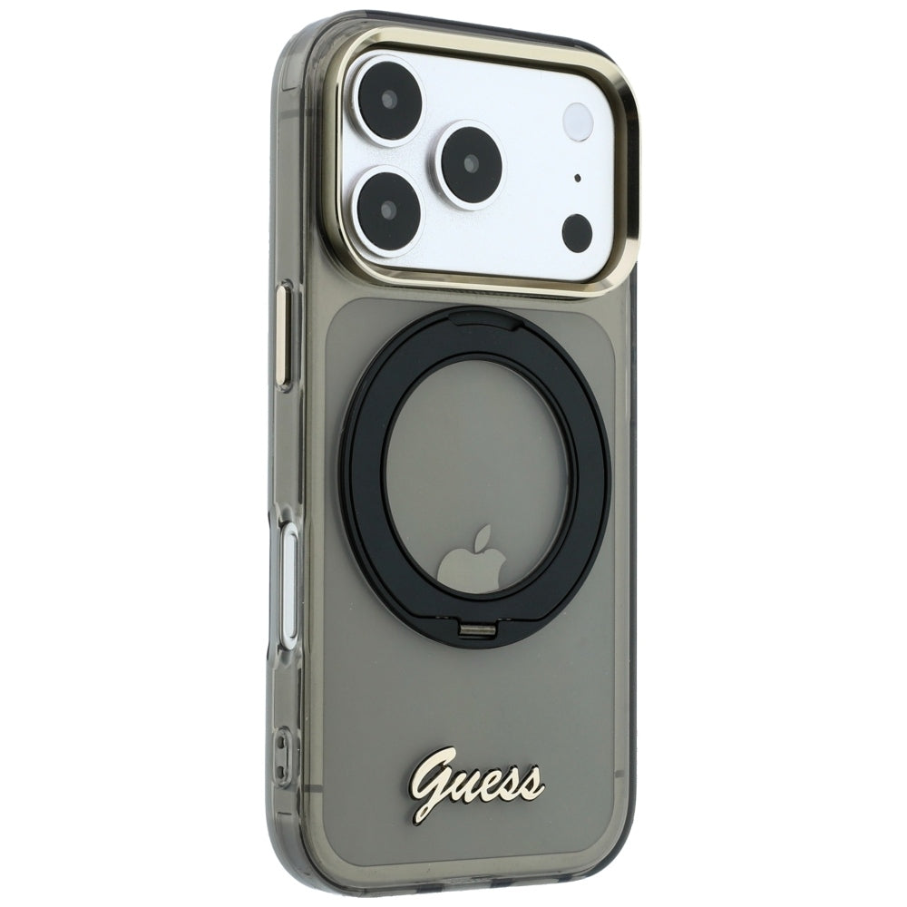 MagSafe futrola za Apple iPhone 18 Pro / 17 Pro, Guess, Ring Stand Script Metal Logo, Crna