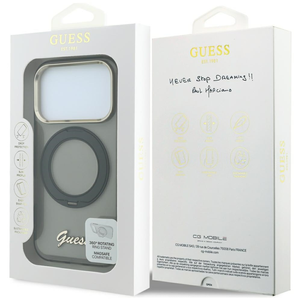 MagSafe futrola za Apple iPhone 18 Pro / 17 Pro, Guess, Ring Stand Script Metal Logo, Crna