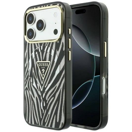 MagSafe futrola za Apple iPhone 18 Pro / 17 Pro, Guess, Zebra Glitter Triangle Logo, Srebrna
