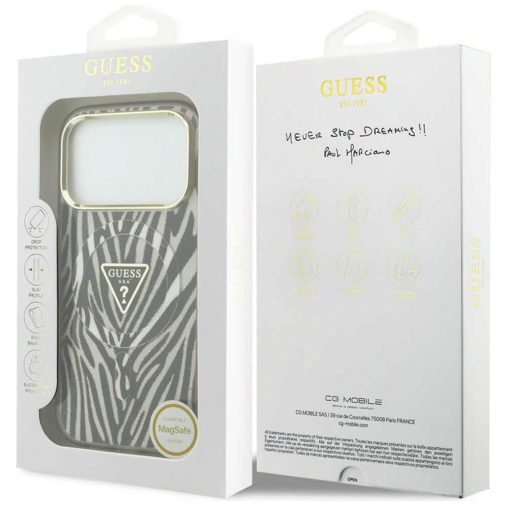 MagSafe futrola za Apple iPhone 18 Pro / 17 Pro, Guess, Zebra Glitter Triangle Logo, Zlatna