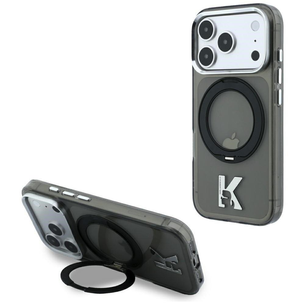 Futrola MagSafe za Apple iPhone 18 Pro / 17 Pro, Karl Lagerfeld, IML Ring Stand Kameo Metal, Crna