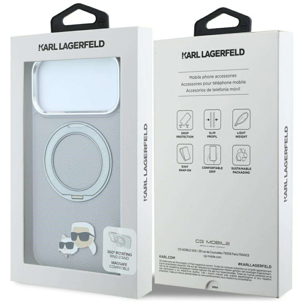 MagSafe maska za Apple iPhone 18 Pro / 17 Pro, Karl Lagerfeld, Ring Stand 360 Karl & Choupette Pin, siva