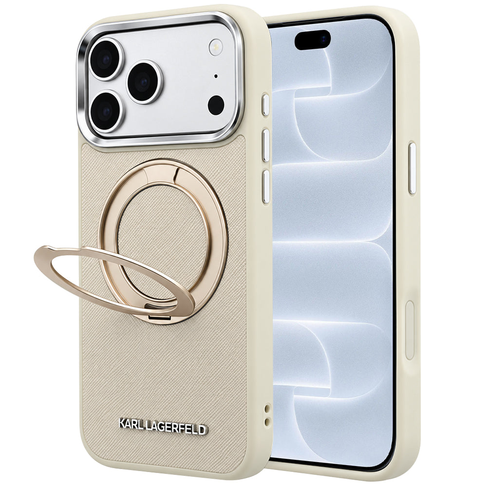 MagSafe maska za Apple iPhone 18 Pro / 17 Pro, Karl Lagerfeld, Ring Stand 360 Saffiano, bež boje