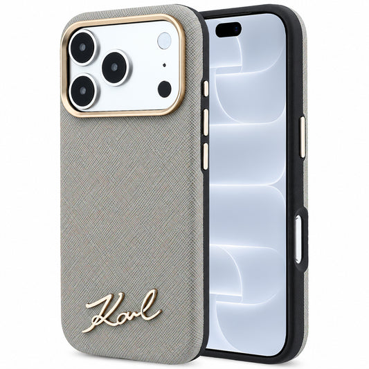 MagSafe futrola za Apple iPhone 18 Pro / 17 Pro, Karl Lagerfeld, Saffiano Small Script Metal Logo, Sivo Bež