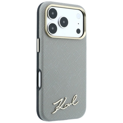 MagSafe futrola za Apple iPhone 18 Pro / 17 Pro, Karl Lagerfeld, Saffiano Small Script Metal Logo, Sivo Bež