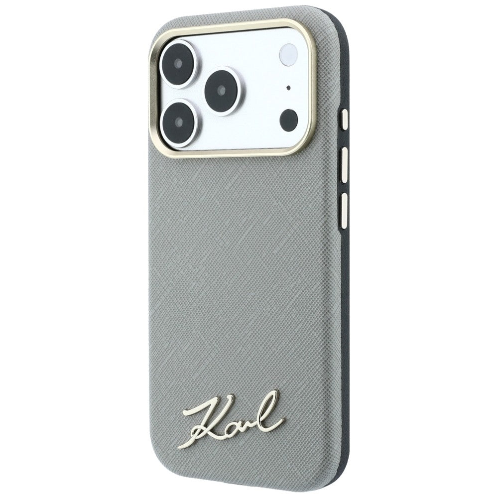 MagSafe futrola za Apple iPhone 18 Pro / 17 Pro, Karl Lagerfeld, Saffiano Small Script Metal Logo, Sivo Bež
