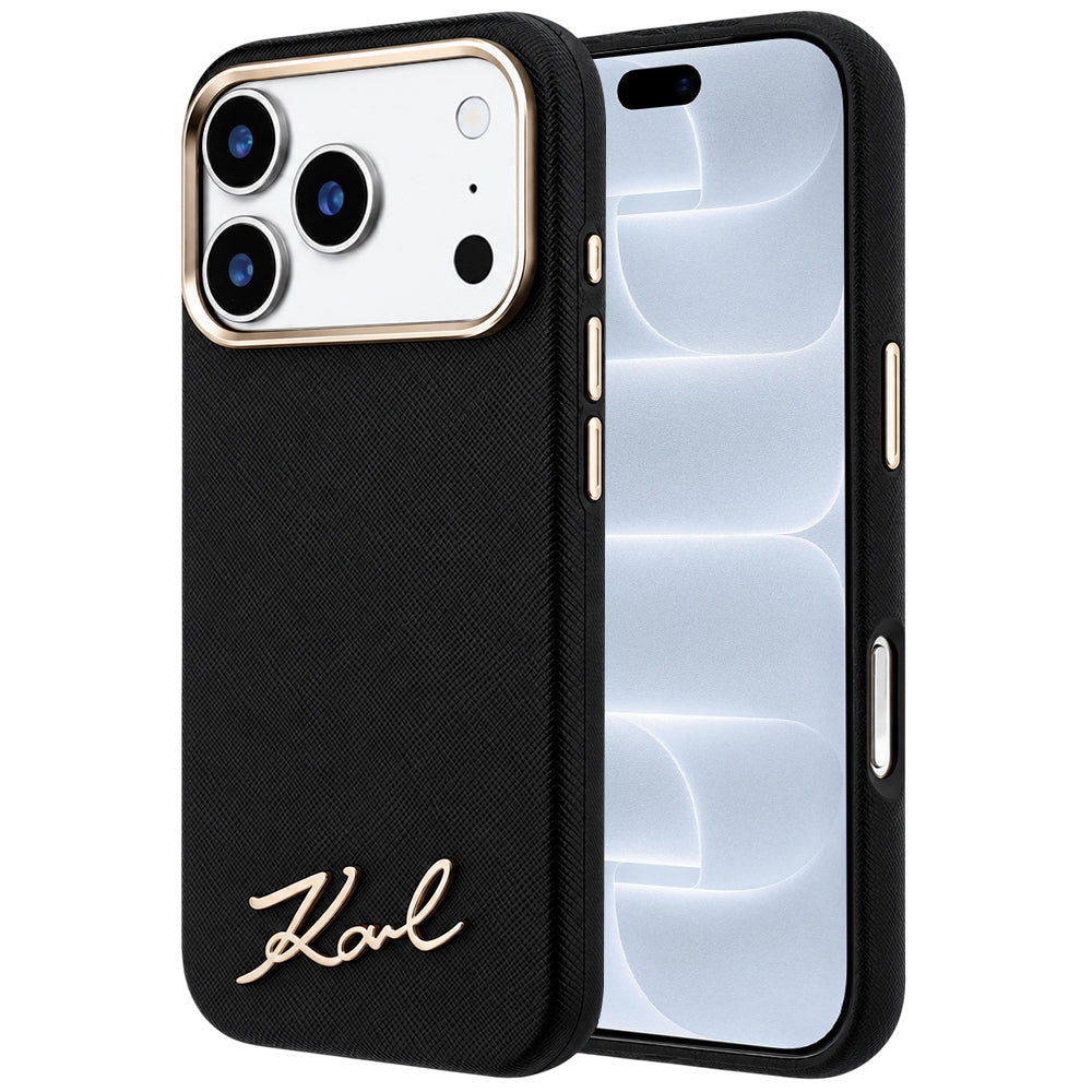 MagSafe futrola za Apple iPhone 18 Pro / 17 Pro, Karl Lagerfeld, Saffiano Small Script Metal Logo, Crna