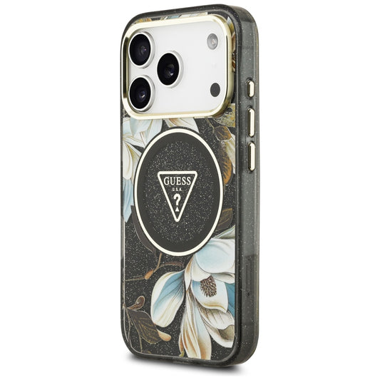 MagSafe futrola za Apple iPhone 18 Pro, Guess, IML Metal Glitter Flowers Triangle, Crna