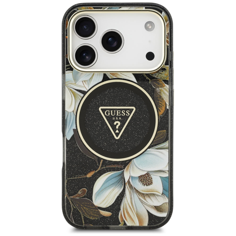 MagSafe futrola za Apple iPhone 18 Pro, Guess, IML Metal Glitter Flowers Triangle, Crna