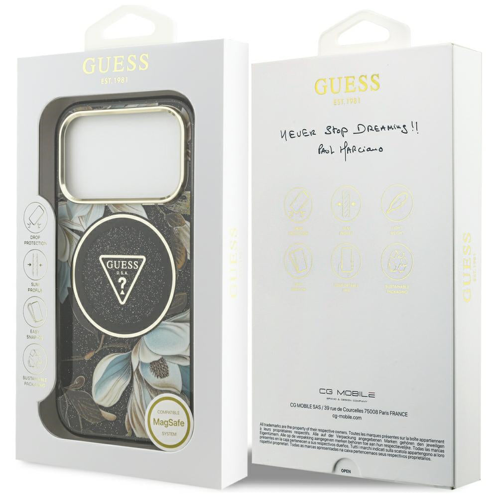 MagSafe futrola za Apple iPhone 18 Pro, Guess, IML Metal Glitter Flowers Triangle, Crna