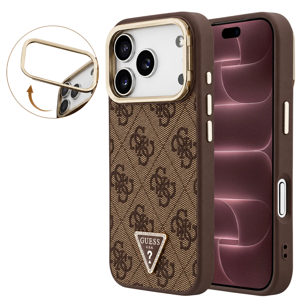 MagSafe maska za Apple iPhone 18 Pro Max / 17 Pro Max, Guess, 4G Triangle Logo & Stand Camera, braon
