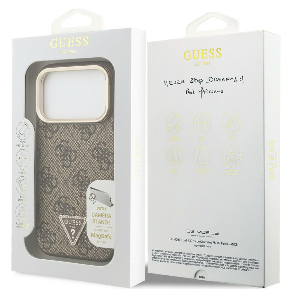 MagSafe maska za Apple iPhone 18 Pro Max / 17 Pro Max, Guess, 4G Triangle Logo & Stand Camera, braon