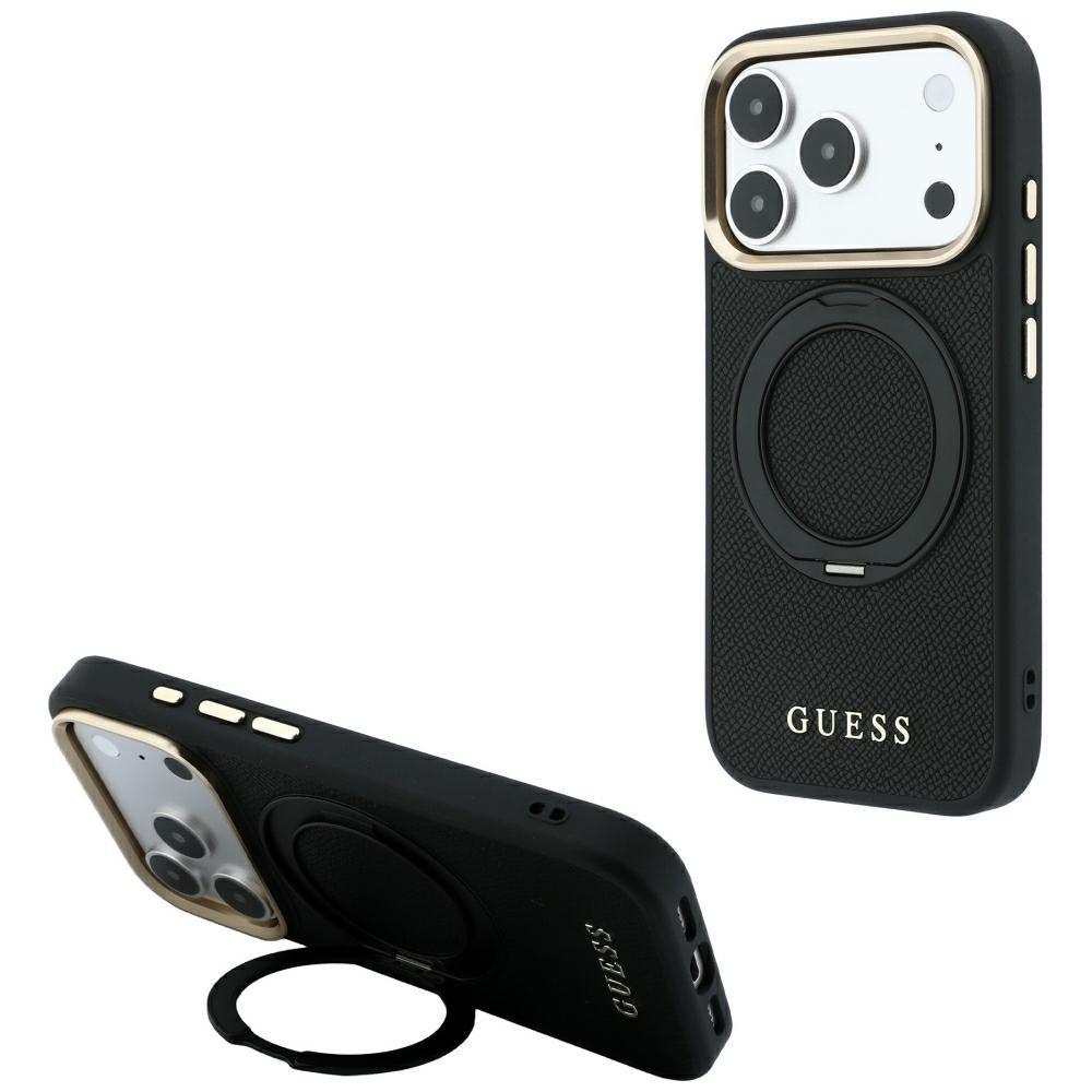 MagSafe maska za Apple iPhone 18 Pro Max / 17 Pro Max, Guess, Grained Ring Stand 360 Classic, crna