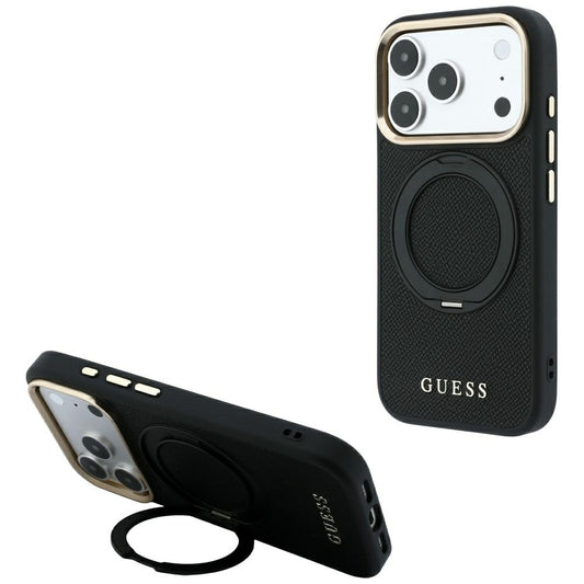 MagSafe maska za Apple iPhone 18 Pro Max / 17 Pro Max, Guess, Grained Ring Stand 360 Classic, crna