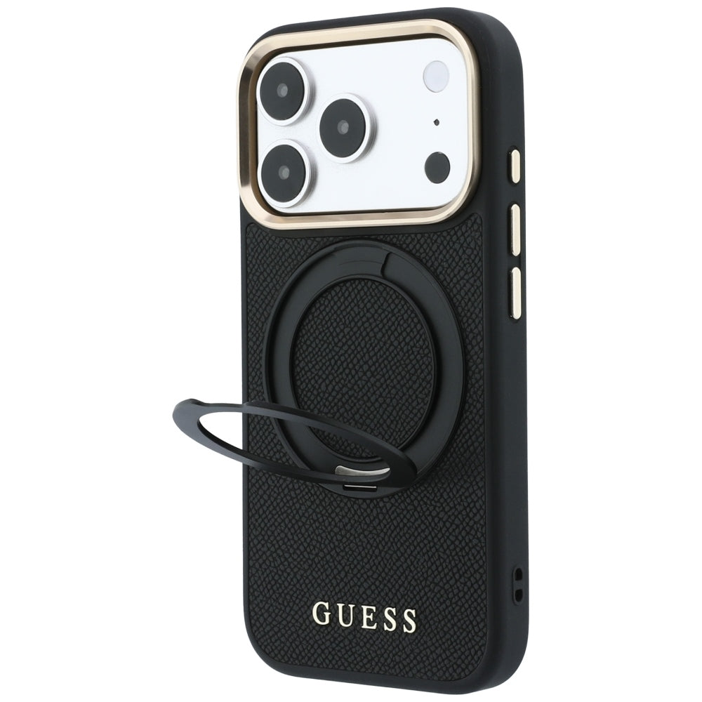 MagSafe maska za Apple iPhone 18 Pro Max / 17 Pro Max, Guess, Grained Ring Stand 360 Classic, crna