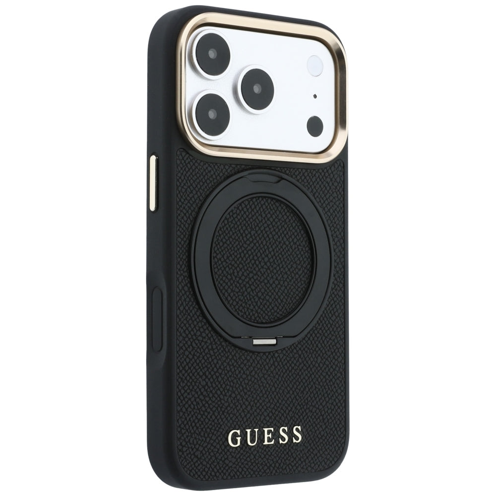 MagSafe maska za Apple iPhone 18 Pro Max / 17 Pro Max, Guess, Grained Ring Stand 360 Classic, crna