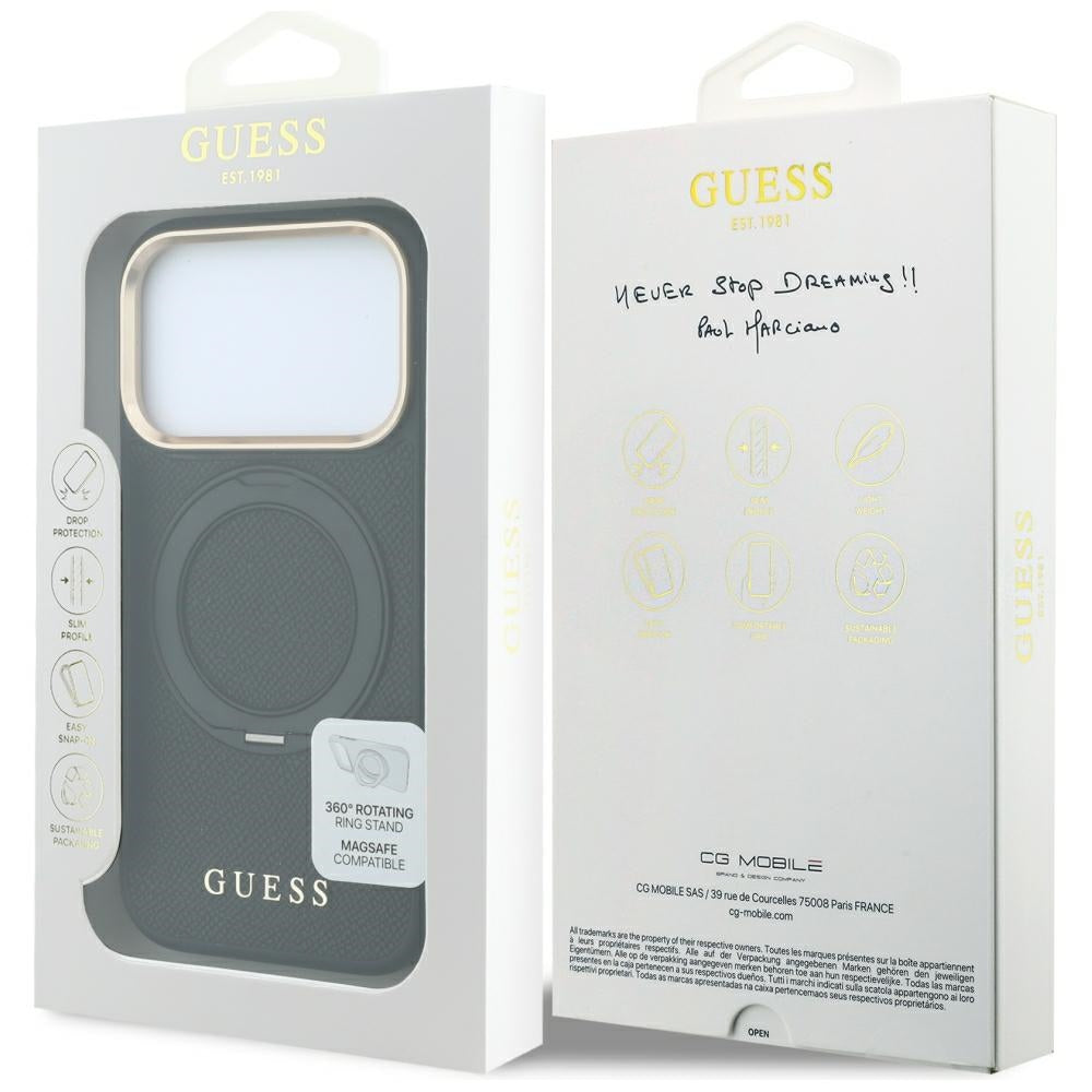MagSafe maska za Apple iPhone 18 Pro Max / 17 Pro Max, Guess, Grained Ring Stand 360 Classic, crna