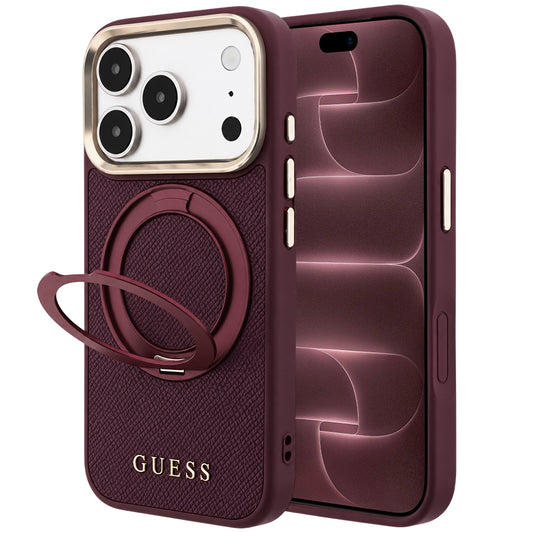MagSafe futrola za Apple iPhone 18 Pro Max / 17 Pro Max, Guess, Grained Ring Stand 360 Classic, Bordo