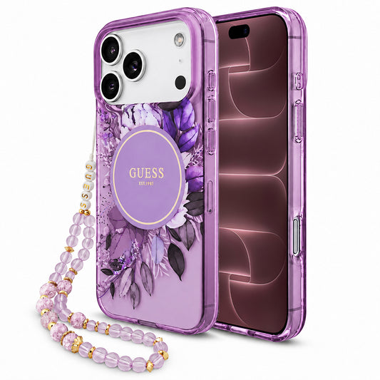 MagSafe maska za Apple iPhone 18 Pro Max / 17 Pro Max, Guess, IML Flowers with Pearl Strap, ljubičasta