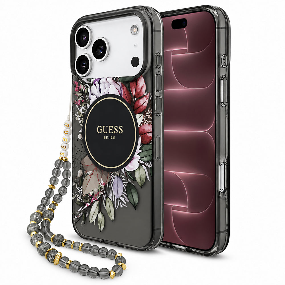 MagSafe maska za Apple iPhone 18 Pro Max / 17 Pro Max, Guess, IML Flowers with Pearl Strap, crna