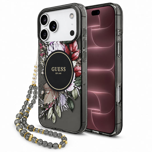 MagSafe maska za Apple iPhone 18 Pro Max / 17 Pro Max, Guess, IML Flowers with Pearl Strap, crna