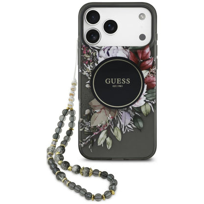 MagSafe maska za Apple iPhone 18 Pro Max / 17 Pro Max, Guess, IML Flowers with Pearl Strap, crna