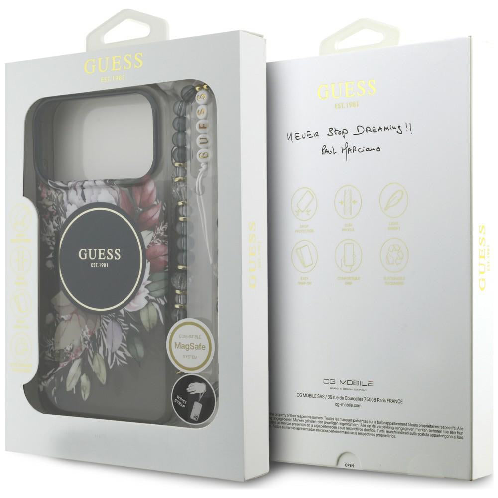 MagSafe maska za Apple iPhone 18 Pro Max / 17 Pro Max, Guess, IML Flowers with Pearl Strap, crna