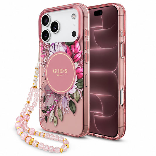 MagSafe maska za Apple iPhone 18 Pro Max / 17 Pro Max, Guess, IML Flowers with Pearl Strap, roze