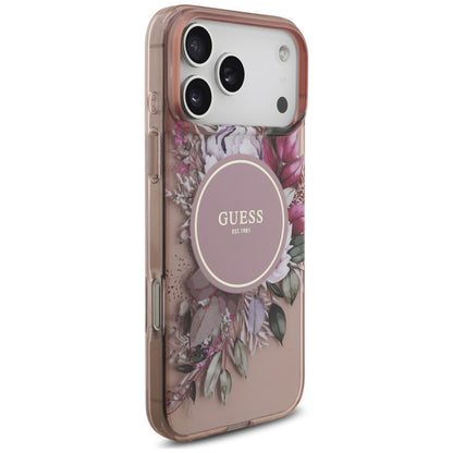 MagSafe maska za Apple iPhone 18 Pro Max / 17 Pro Max, Guess, IML Flowers with Pearl Strap, roze