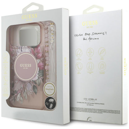 MagSafe maska za Apple iPhone 18 Pro Max / 17 Pro Max, Guess, IML Flowers with Pearl Strap, roze