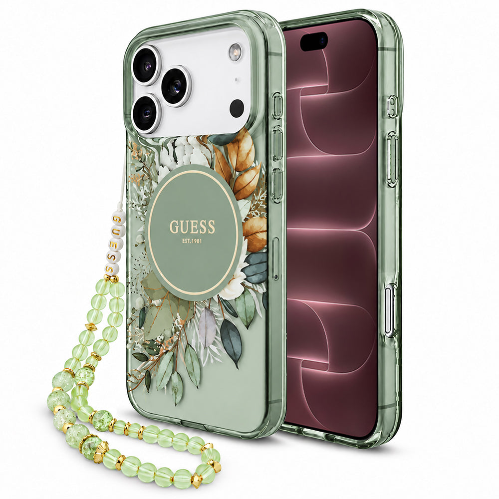 MagSafe maska za Apple iPhone 18 Pro Max / 17 Pro Max, Guess, IML Flowers with Pearl Strap, zelena