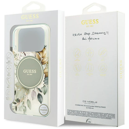 MagSafe maska za Apple iPhone 18 Pro Max / 17 Pro Max, Guess, IML Flowers with Pearl Strap, zelena