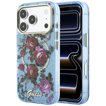MagSafe futrola za Apple iPhone 18 Pro Max / 17 Pro Max, Guess, IML Glitter Blossom Roses, Plava