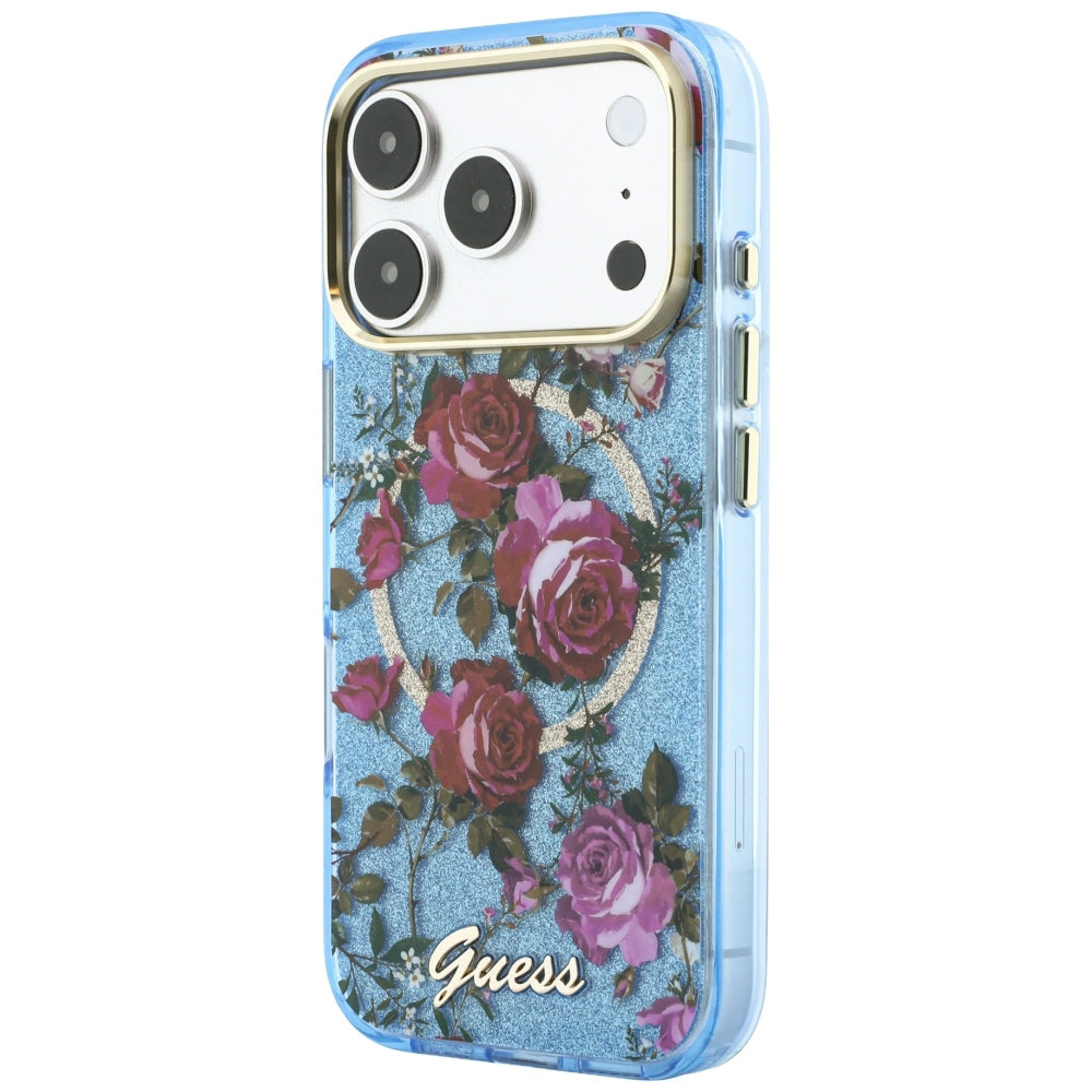MagSafe futrola za Apple iPhone 18 Pro Max / 17 Pro Max, Guess, IML Glitter Blossom Roses, Plava
