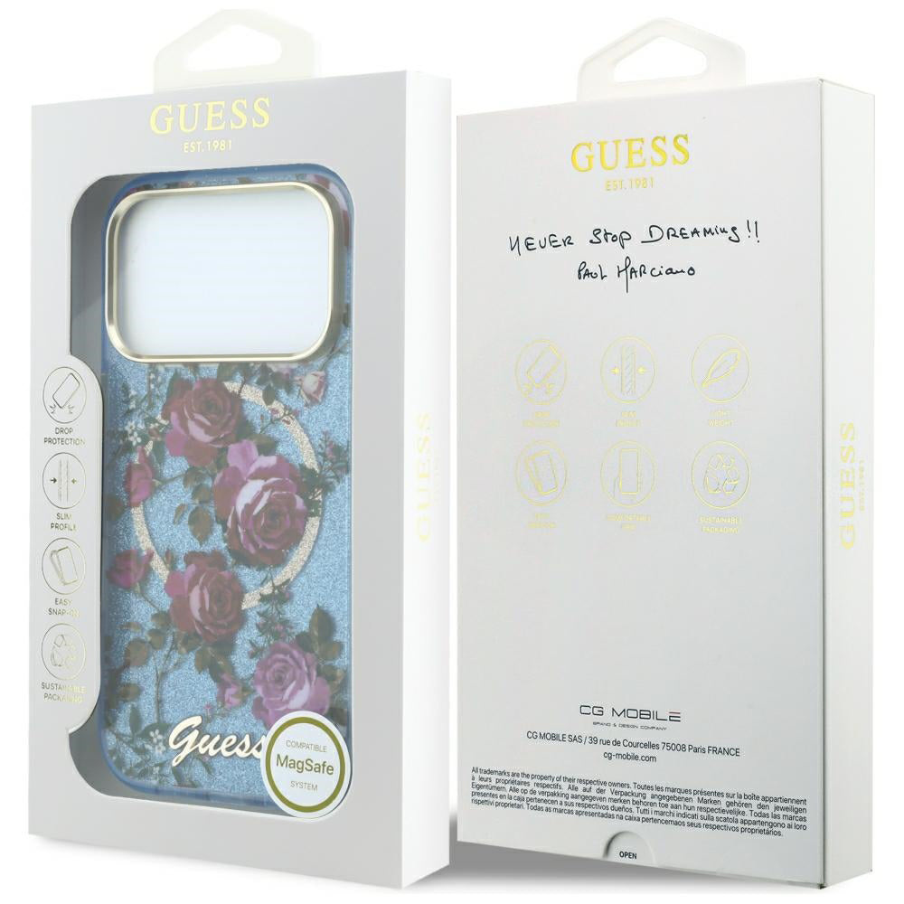 MagSafe futrola za Apple iPhone 18 Pro Max / 17 Pro Max, Guess, IML Glitter Blossom Roses, Plava