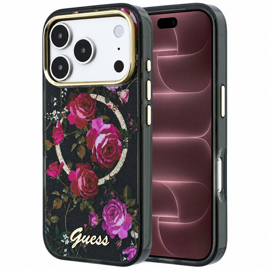 MagSafe maska za Apple iPhone 18 Pro Max / 17 Pro Max, Guess, IML Glitter Blossom Roses, crna