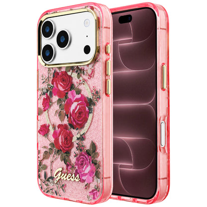MagSafe maska za Apple iPhone 18 Pro Max / 17 Pro Max, Guess, IML Glitter Blossom Roses, roze