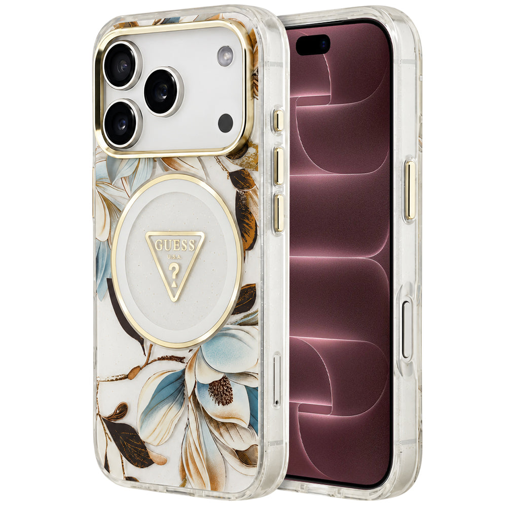 MagSafe maska za Apple iPhone 18 Pro Max / 17 Pro Max, Guess, IML Metal Glitter Flowers Triangle, bela