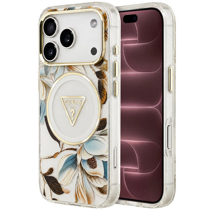 MagSafe maska za Apple iPhone 18 Pro Max / 17 Pro Max, Guess, IML Metal Glitter Flowers Triangle, bela